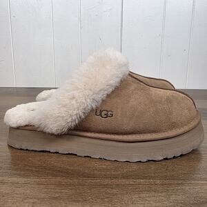 UGG Disquette Fur Sheepskin Platform Clog Slipper for Women US Size 12 Chestnut